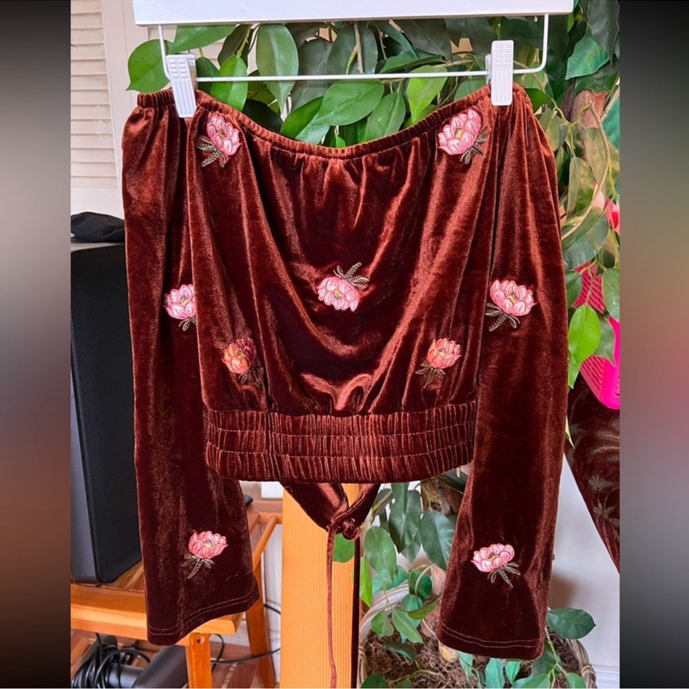 Honey Belle Velvet Floral Skirt Set - Rich Brown and Pink